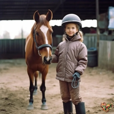 Vesela devojčica u zaštitnoj opremi stoji pored ponija.